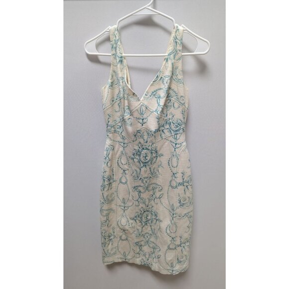 David Meister Ivory/Teal Elegant Printed Sleeveless Dress - Picture 1 of 4